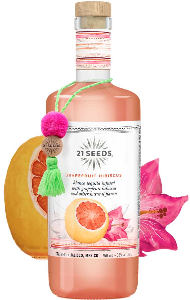 A bottle of 21SEEDS Grapefruit Hibiscus Blanco Tequila. Behind the bottle is a grapefruit slice and a hibiscus flower. .